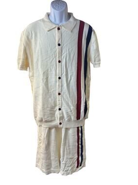 OXKNIT Mens L Cream Retro Knit Shirt Shorts Set Red Navy Stripe 2 Piece NWT